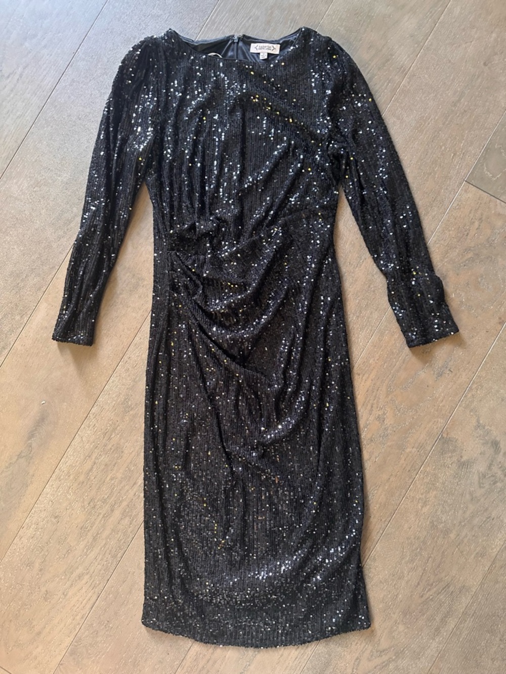 Nanette Lepore Black Sequin Midi Dress – Long Sleeve Draped Cocktail Dress